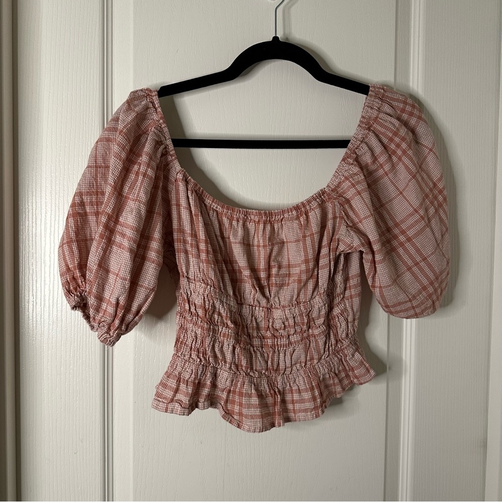 Sim & Sam Plaid Puff Tie Blouse
